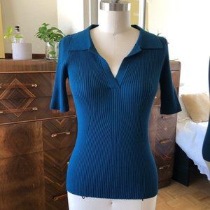 Margaret O’Leary Blue Green Collared Knit Top, Medium